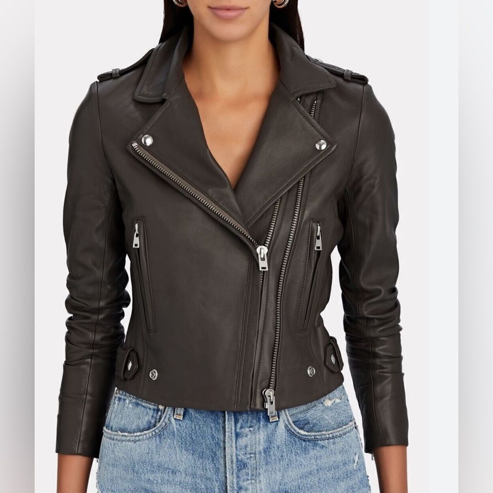 IRO Dylan Cropped Leather Moto Jacket size 40 Black